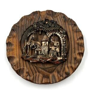 Vintage Wooden Carved Round Wall Hanging Decor Metal Copper Tone Blacksmith
